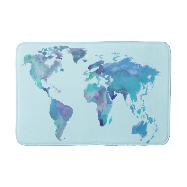 Aquarell-Blau-Weltkarte Badematte (Vorderseite)