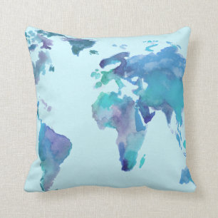 Aquarell-Blau-Weltkarte Kissen
