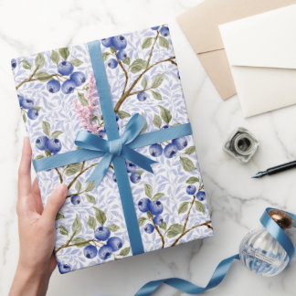 Aquarell Blaubeer Botanisch in Blau Grün Weiß Geschenkpapier