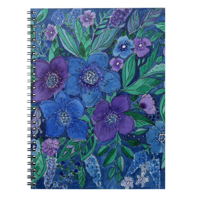 Aquarell, blaue Blumen Notizblock (Vorderseite)