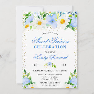Aquarell Blaue Blumen und Gänseblümchen Sweet 16 Einladung