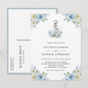 Aquarell Blaue Blumige Anker Maritime Hochzeit Einladungspostkarte