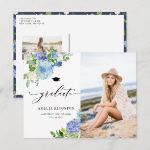 Aquarell Blaue Hortensie Blumen Foto Abschlussfeie Einladungspostkarte