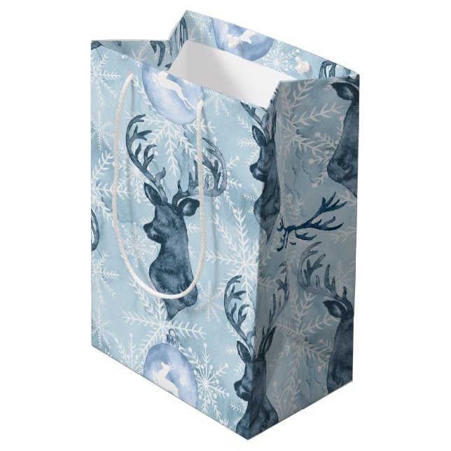 Aquarell-blaue Ren-Weihnachtsgeschenktasche Mittlere Geschenktüte (Rückseite Schrägansicht)