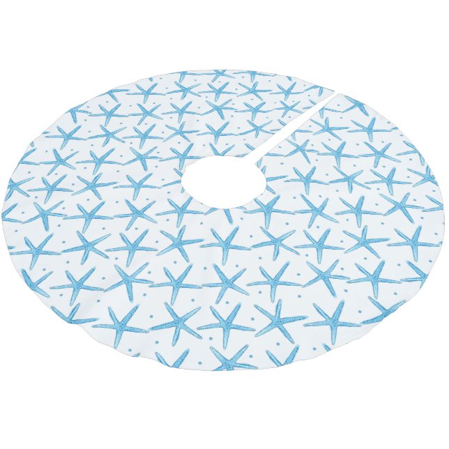 Aquarell-blaue Seesternchen-Vereinbarung Polyester Weihnachtsbaumdecke (Schrägansicht)