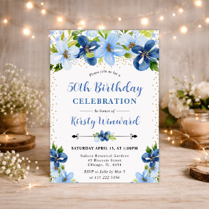 Aquarell Blaue Sommerblumen 50. Geburtstag Einladung