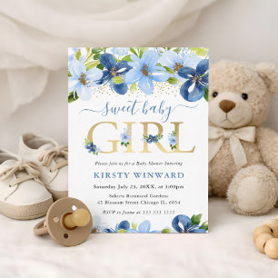 Aquarell Blaue Sommerblumen Babyparty Einladung