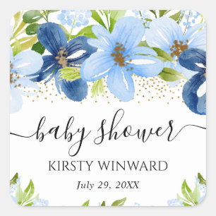 Aquarell Blaue Sommerblumen Babyparty Quadratischer Aufkleber