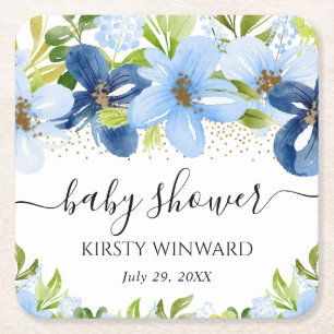 Aquarell Blaue Sommerblumen Babyparty Rechteckiger Pappuntersetzer