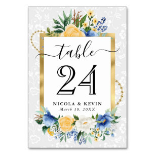 Aquarell Blaue und Gelbe Blumen Hochzeit Tischnummer
