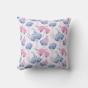 Aquarell Blaue und Rosa Hortensien Blumenmuster Kissen