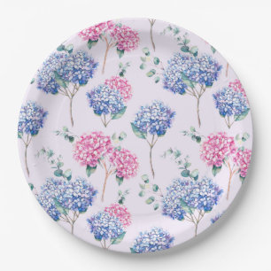 Aquarell Blaue und Rosa Hortensien Blumenmuster Pappteller