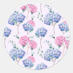 Aquarell Blaue und Rosa Hortensien Blumenmuster Runder Aufkleber