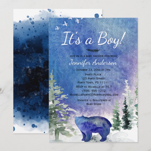 Aquarell-blaue Waldbärn-Jungen-Babyparty Einladung (Vorne/Hinten)