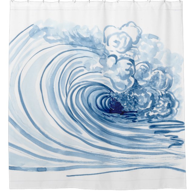Aquarell-blaue Wellen-moderner zeitgenössischer Duschvorhang (Vorderseite)