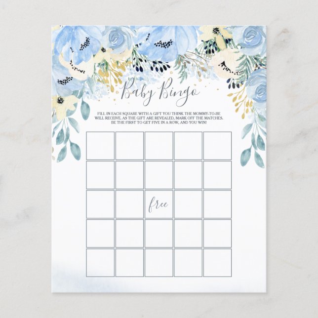 Aquarell Blauer Baby Dusche Bingo Spiel (Vorderseite)