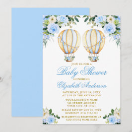 Aquarell Blauer Blütenballon Twins Babydusche Einladung