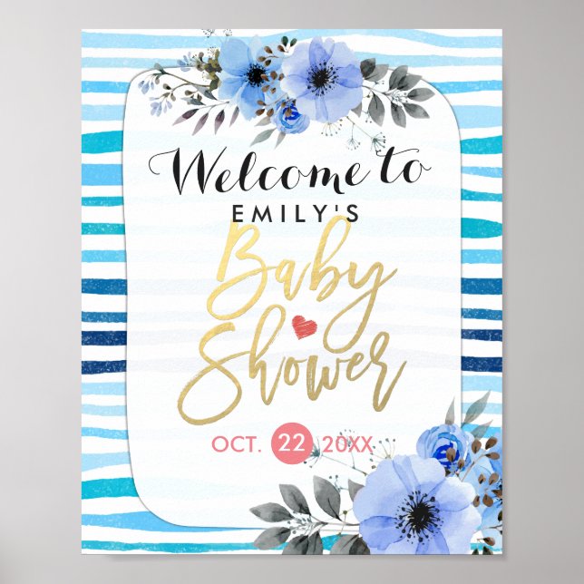 Aquarell Blauer Streifen Babydusche Begrüßung Poster (Vorne)