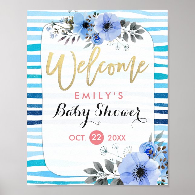 Aquarell Blauer Streifen Babydusche Begrüßung Poster (Vorne)