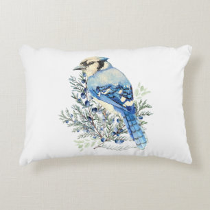 Aquarell Blauhäher Vogel Blaubeeren Landkunst Dekokissen
