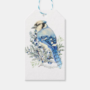 Aquarell Blauhäher Vogel Blaubeeren Landkunst Geschenkanhänger
