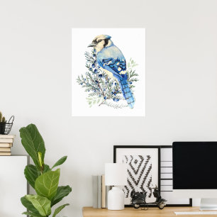 Aquarell Blauhäher Vogel Blaubeeren Landkunst Poster
