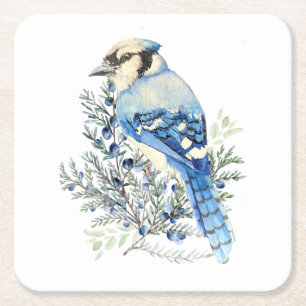 Aquarell Blauhäher Vogel Blaubeeren Landkunst Rechteckiger Pappuntersetzer