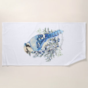 Aquarell Blauhäher Vogel Blaubeeren Landkunst Strandtuch