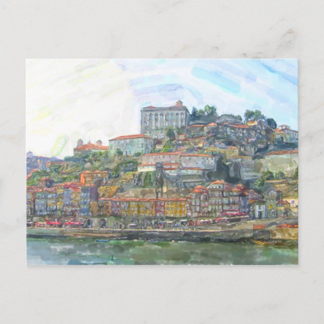 Aquarell. Blick über den Douro nach Porto Portugal Postkarte (Vorderseite)