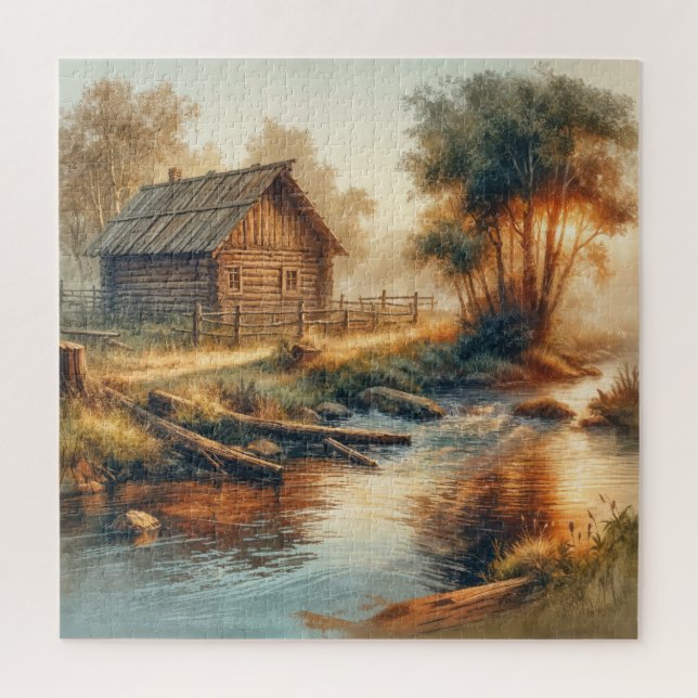 Aquarell Blockhütte im Morgennebel (Vertikal)