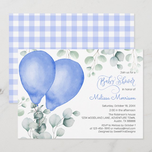 Aquarell Blue Ballons Niedlich Gingham Baby Shower Einladung (Vorne/Hinten)
