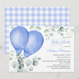 Aquarell Blue Ballons Niedlich Gingham Baby Shower Einladung