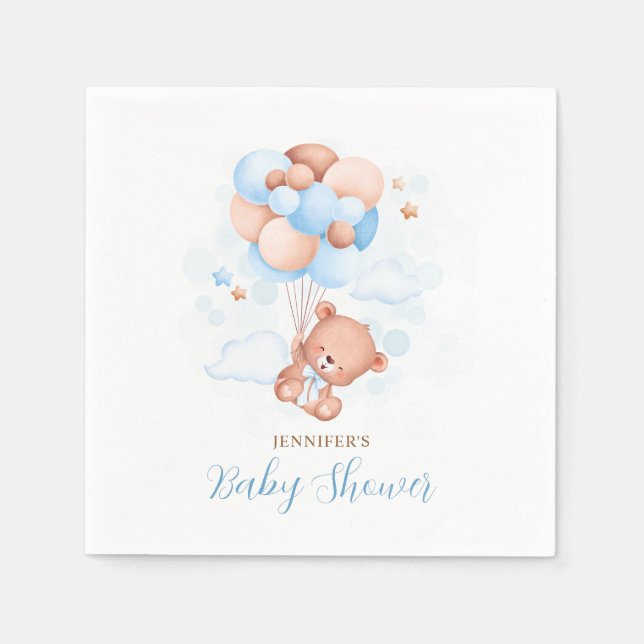 Aquarell Blue Balloons Teddy Bear Baby Dusche Serviette (Vorderseite)