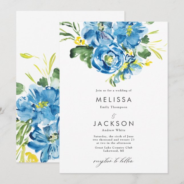 Aquarell Blue Blume Bouquet Hochzeit Einladung (Vorne/Hinten)