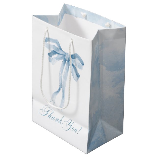 Aquarell Blue Bow Bow Baby Dusche Mittlere Geschenktüte (Vorderseite Schrägansicht)