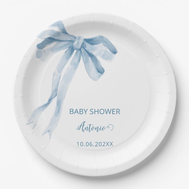 Aquarell Blue Bow Bow Baby Dusche Pappteller (Vorderseite)