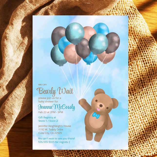 Aquarell Blue Brown Balloons Bear Baby Dusche Einladung (Watercolor Blue Brown Balloons Bear Baby Shower Digital Invitation Available in Drop Down Menu)