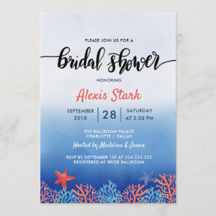 Aquarell Blue Coral Starfish Ocean Brautparty Einladung