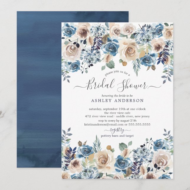 Aquarell Blue & Creme Floral Brautparty Einladung (Vorne/Hinten)