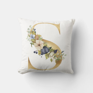 Aquarell Blue Florals Golden Letter S Kissen