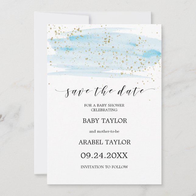 Aquarell Blue & Gold Baby Dusche Save the Date Einladung (Vorderseite)