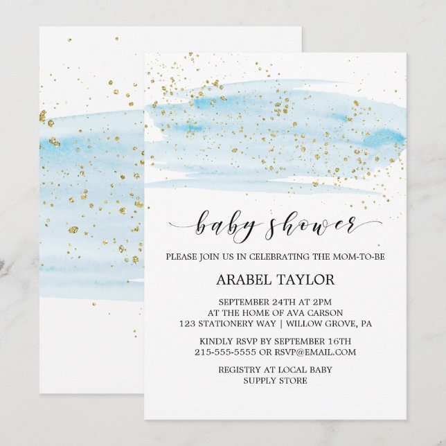 Aquarell Blue & Gold Sparkle Baby Dusche Einladung (Vorne/Hinten)