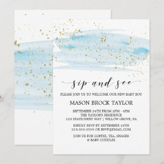 Aquarell Blue & Gold Sparkle Sip & See Einladung