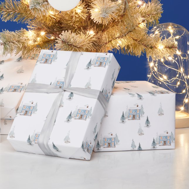 Aquarell Blue House & Snowy Trees Weihnachten Geschenkpapier (Feiertage)