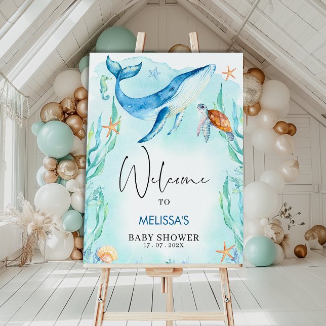 Aquarell Blue Ocean Sea Baby Dusche Willkommen Poster (Under the Sea Baby Shower Welcome Sign Template, Editable Ocean Themed Baby Shower Welcome Sign Boy)
