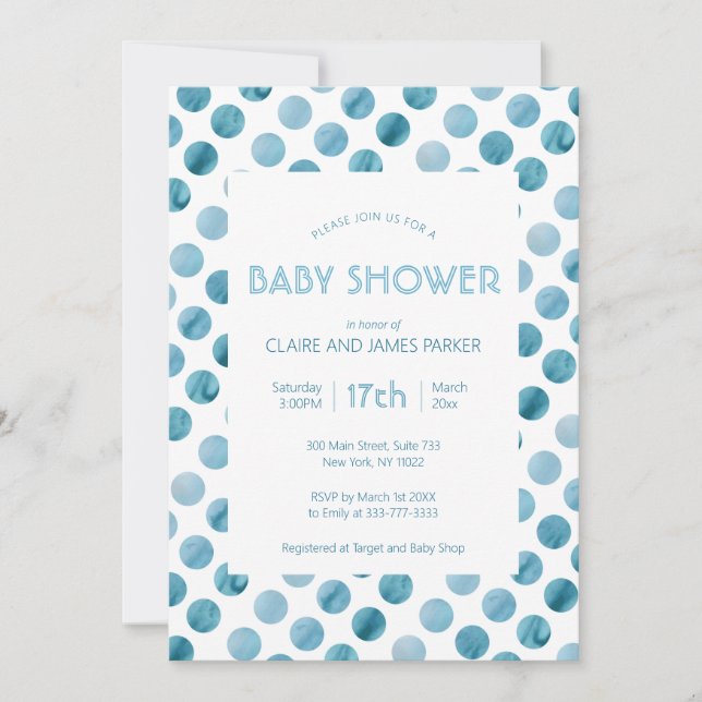 Aquarell Blue Polka Dot Niedlich Babydusche Einladung (Vorderseite)