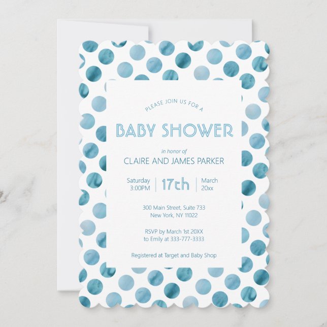 Aquarell Blue Polka Dot Niedlich Babydusche Einladung (Vorderseite)