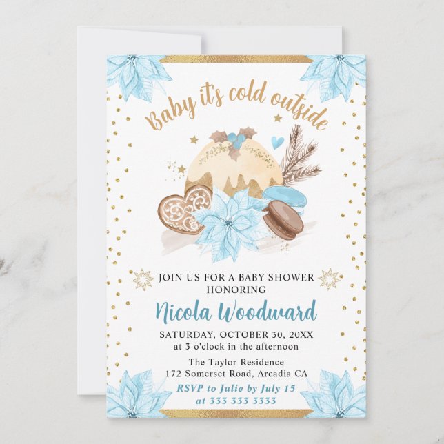Aquarell Blue Winter Cakes & Cookies Baby Dusche Einladung (Vorderseite)