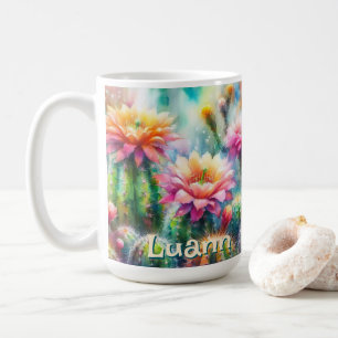 Aquarell blühende Sukkulenten Kakteen personalisie Kaffeetasse