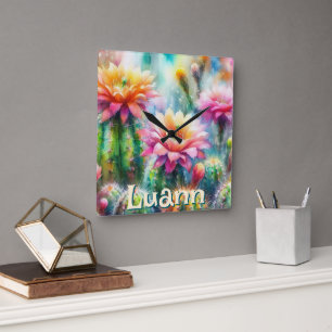 Aquarell blühende Sukkulenten Kakteen Personalisie Quadratische Wanduhr